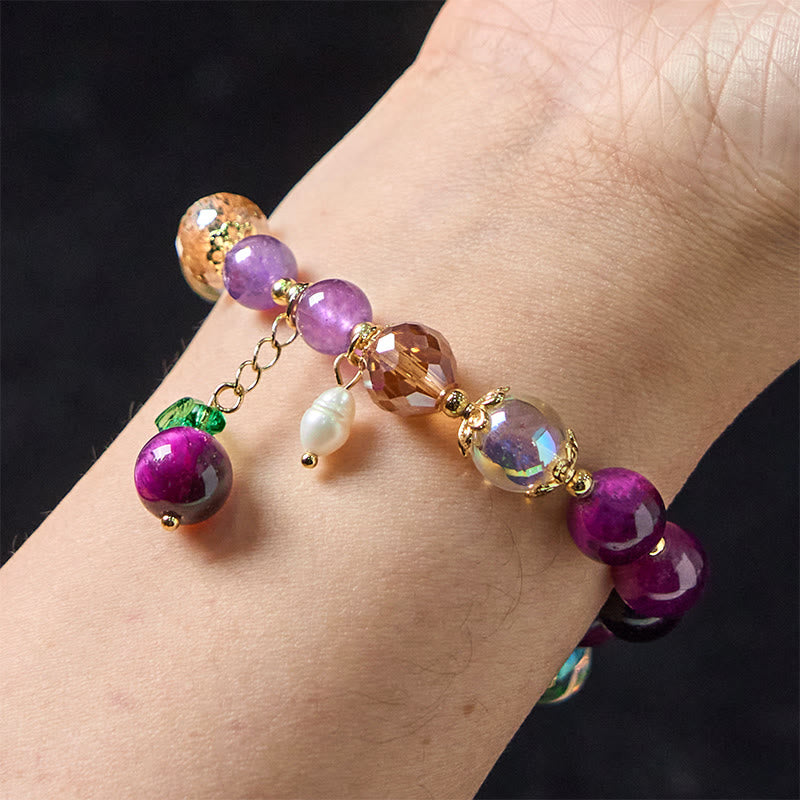 Bracelet de protection en Buddha Stones, œil de tigre rouge, violet, feuilles vertes