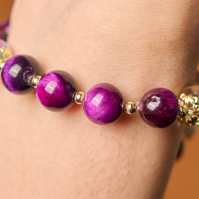 Bracelet de protection en Buddha Stones, œil de tigre rouge, violet, feuilles vertes