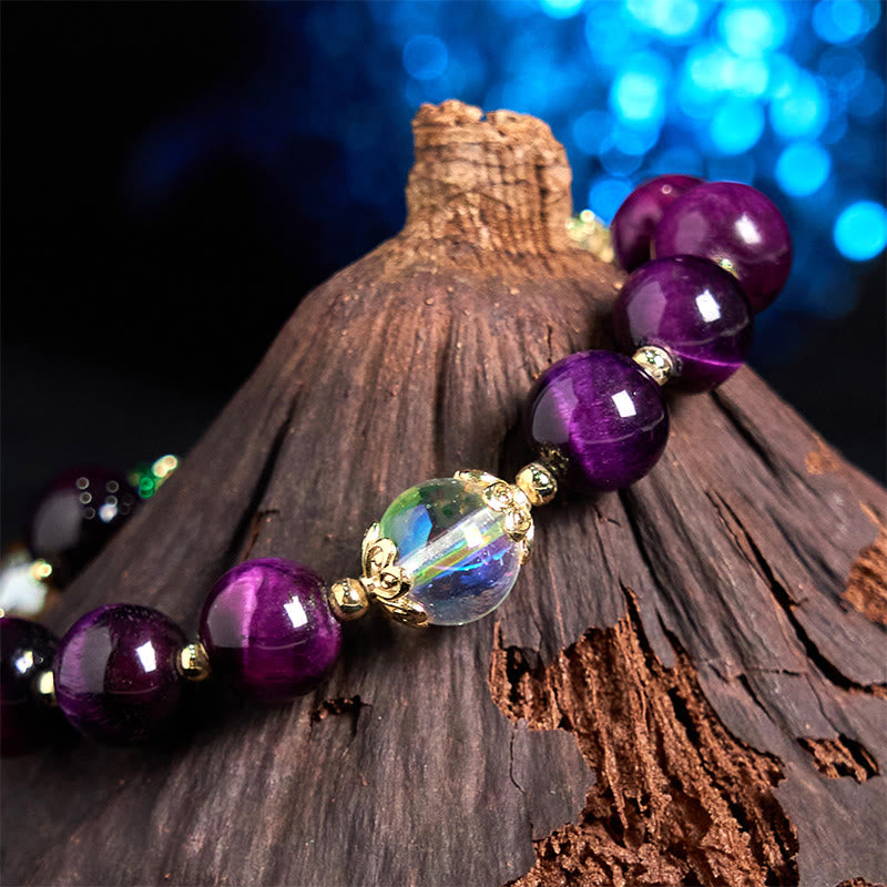 Bracelet de protection en Buddha Stones, œil de tigre rouge, violet, feuilles vertes