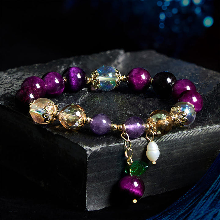 Bracelet de protection en Buddha Stones, œil de tigre rouge, violet, feuilles vertes
