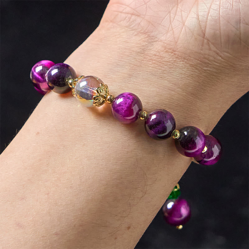 Bracelet de protection en Buddha Stones, œil de tigre rouge, violet, feuilles vertes