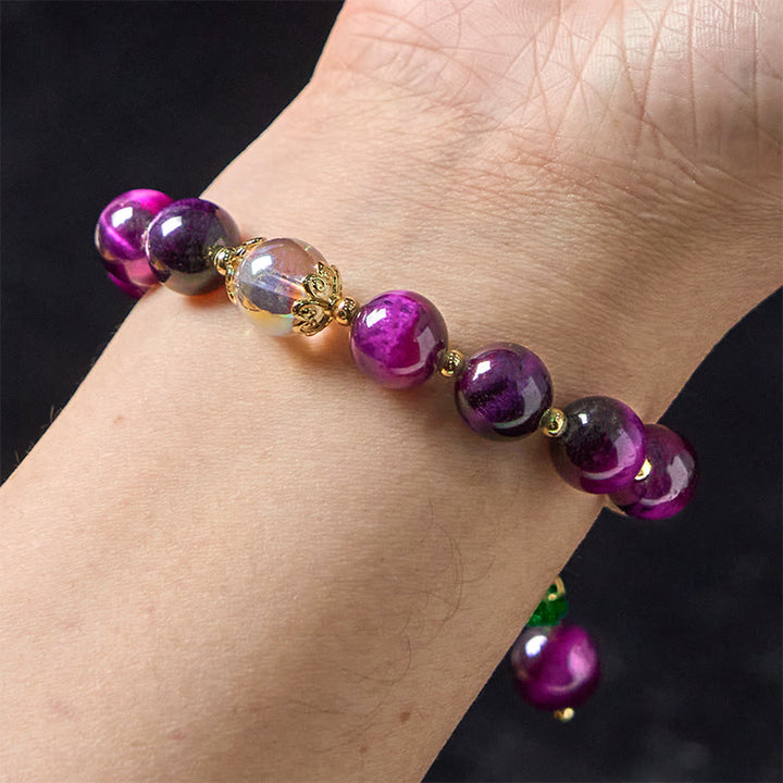 Bracelet de protection en Buddha Stones, œil de tigre rouge, violet, feuilles vertes