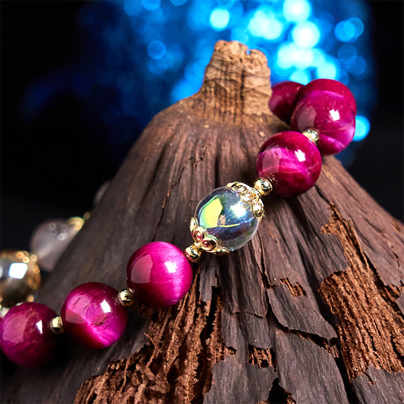 Bracelet de protection en Buddha Stones, œil de tigre rouge, violet, feuilles vertes