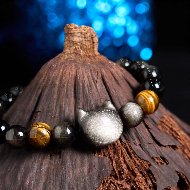 Bracelet apaisant en Buddha Stones d'obsidienne argentées naturelles et chat mignon - image 7