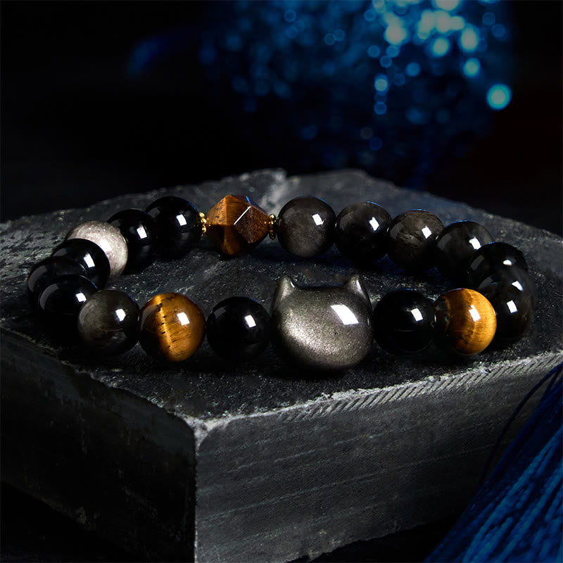 Bracelet apaisant en Buddha Stones d'obsidienne argentées naturelles et chat mignon - image 3