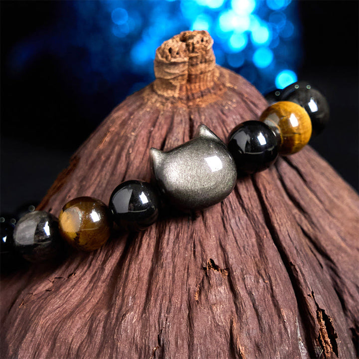 Bracelet apaisant en Buddha Stones d'obsidienne argentées naturelles et chat mignon - image 4