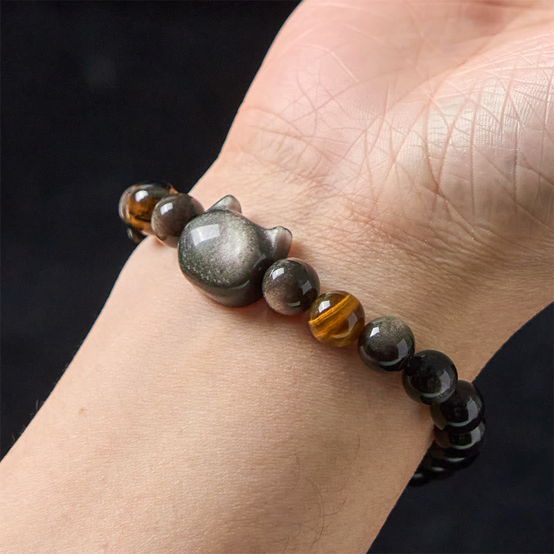 Bracelet apaisant en Buddha Stones d'obsidienne argentées naturelles et chat mignon - image 6