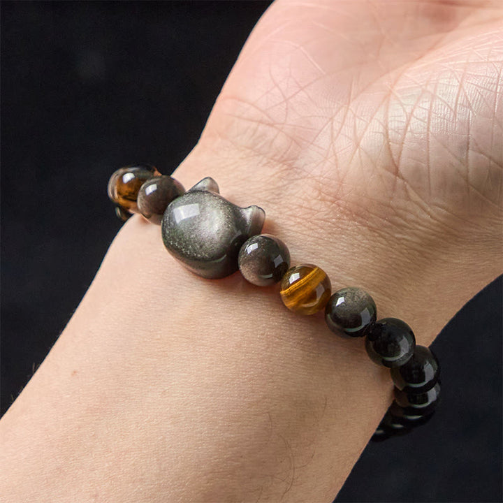 Bracelet apaisant en Buddha Stones d'obsidienne argentées naturelles et chat mignon - image 6