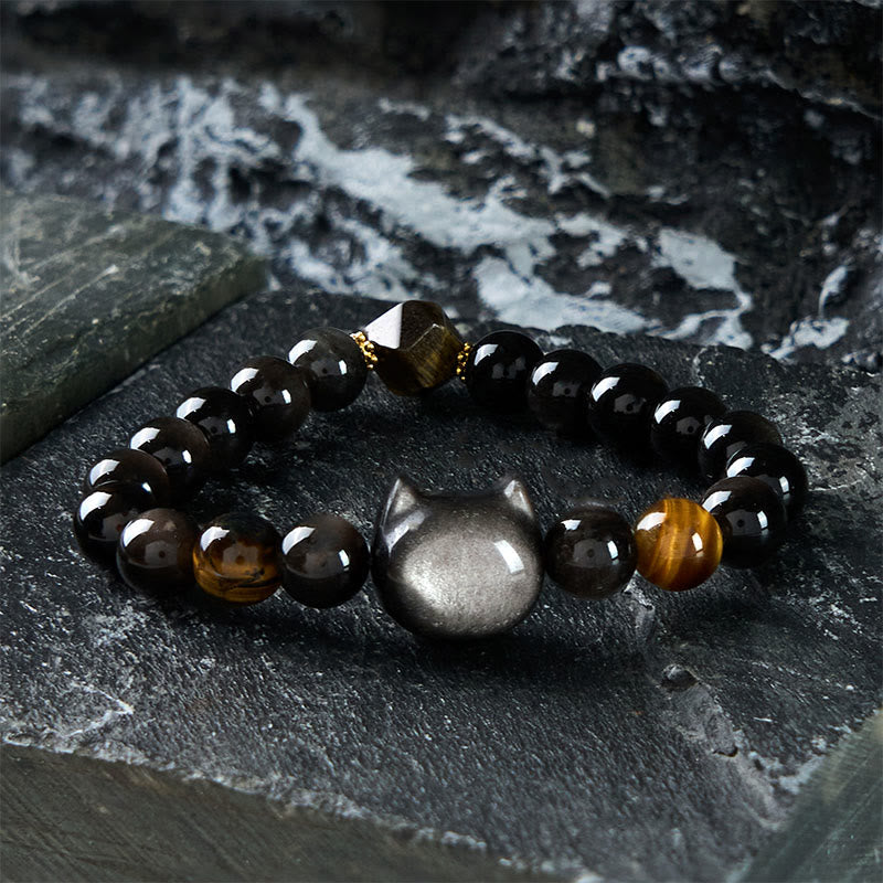 Bracelet apaisant en Buddha Stones d'obsidienne argentées naturelles et chat mignon - 21-22CM - image 1