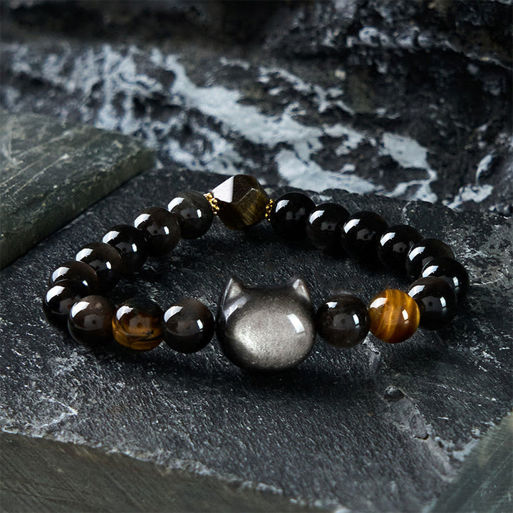 Bracelet apaisant en Buddha Stones d'obsidienne argentées naturelles et chat mignon - 21-22CM - image 1