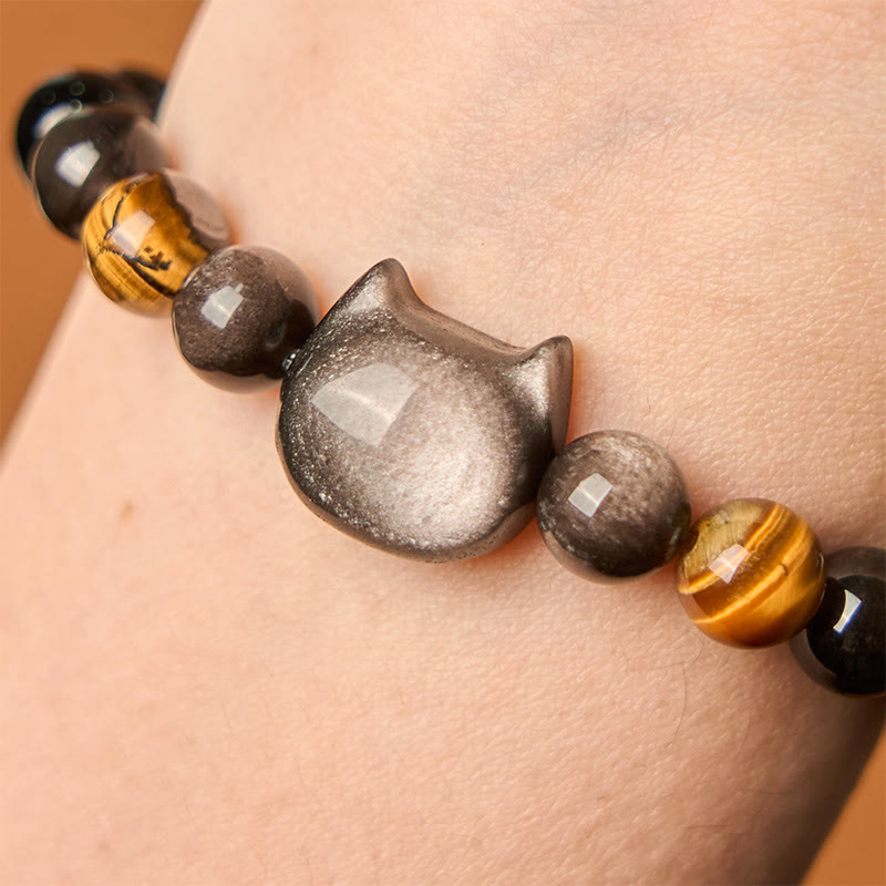 Bracelet apaisant en Buddha Stones d'obsidienne argentées naturelles et chat mignon - image 5