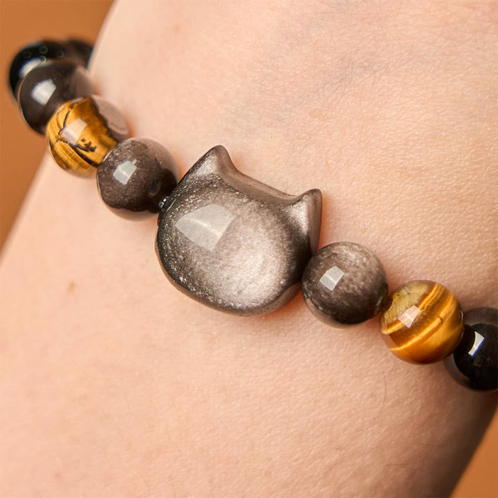 Bracelet apaisant en Buddha Stones d'obsidienne argentées naturelles et chat mignon - image 5