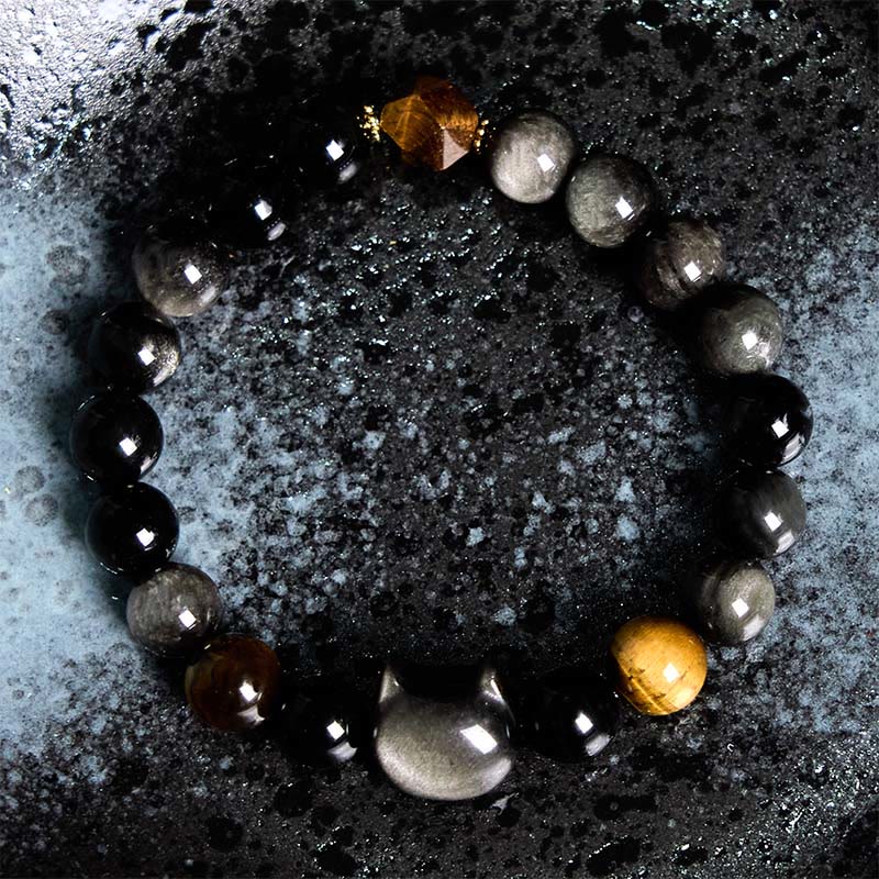 Bracelet apaisant en Buddha Stones d'obsidienne argentées naturelles et chat mignon - image 2