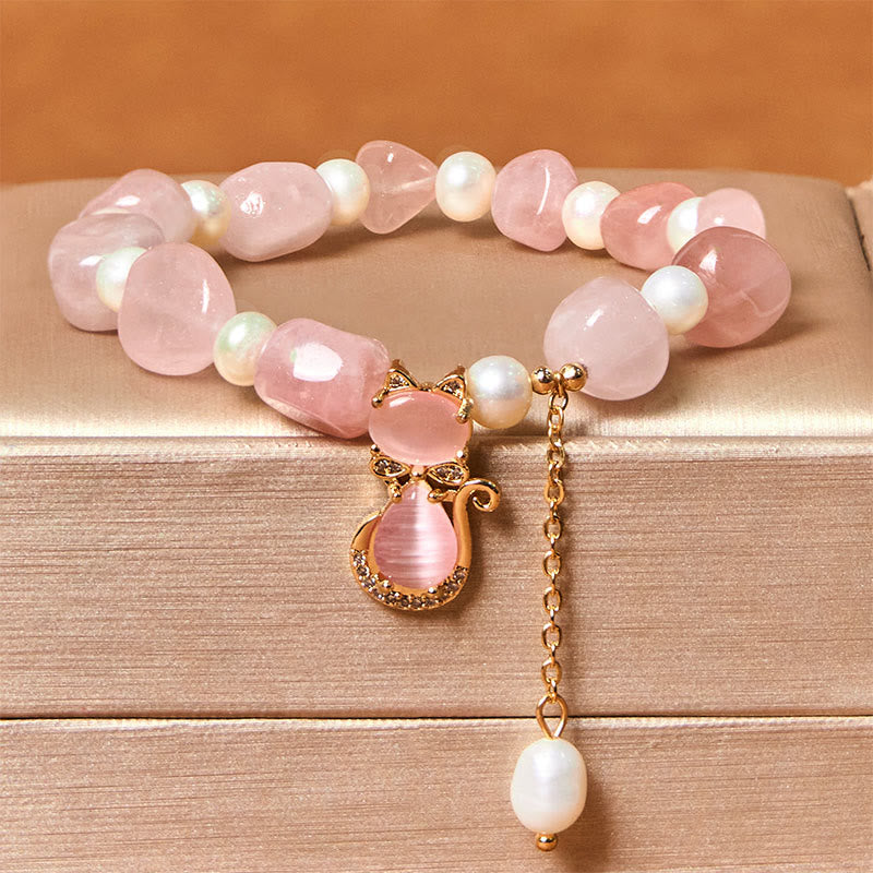 Bracelet positif en perles de quartz fraise naturelles et Buddha Stones - Quartz fraise et perle (tour de poignet : 15-17 cm) - image 1
