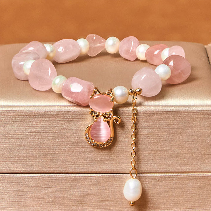 Bracelet positif en perles de quartz fraise naturelles et Buddha Stones - Quartz fraise et perle (tour de poignet : 15-17 cm) - image 1