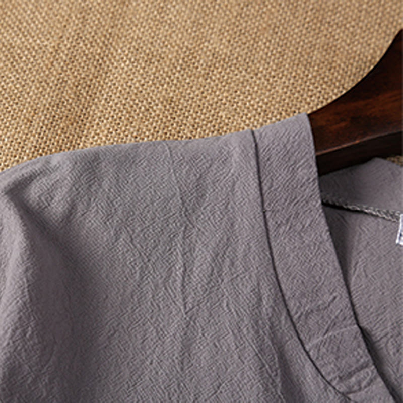 Ensemble de 2 pièces de méditation pour homme, t-shirt à manches courtes et short à col cranté uni avec poches, en coton et lin - image 10