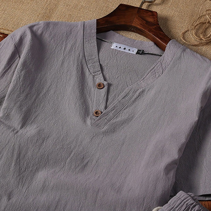 Ensemble de 2 pièces de méditation pour homme, t-shirt à manches courtes et short à col cranté uni avec poches, en coton et lin - image 8