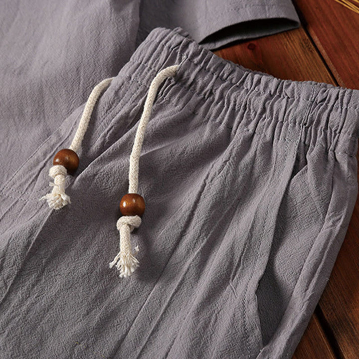 Ensemble de 2 pièces de méditation pour homme, t-shirt à manches courtes et short à col cranté uni avec poches, en coton et lin - image 13