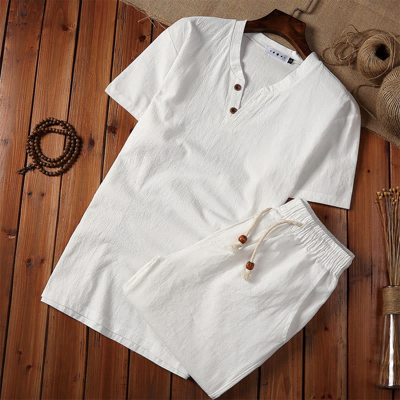Ensemble de 2 Buddha Stones décontracté d'été en coton et lin pour homme, t-shirt à col cranté uni, short à cordon de serrage avec poches - Blanc - US/UK/AU46，EU56 (5XL) - image 2