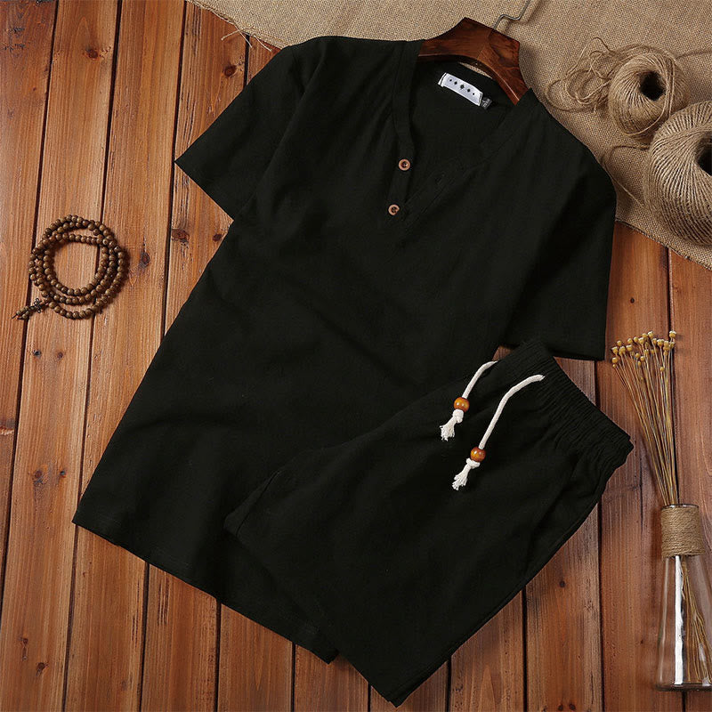 Ensemble de 2 pièces de méditation pour homme, t-shirt à manches courtes et short à col cranté uni avec poches, en coton et lin - Noir - US/UK/AU44，EU54 (5XL) - image 3