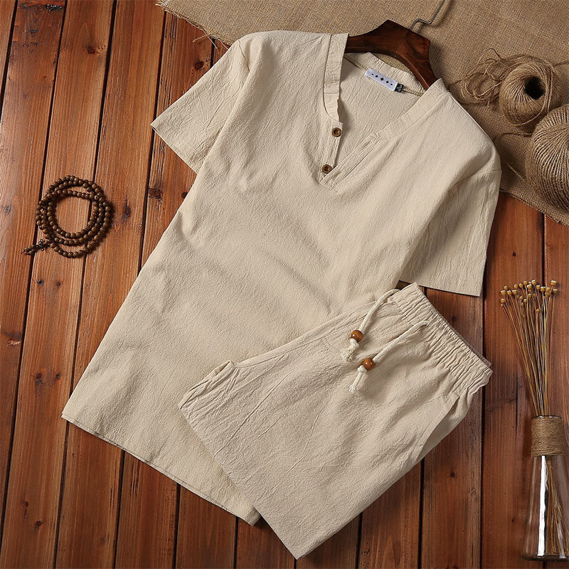 Ensemble de 2 pièces de méditation pour homme, t-shirt à manches courtes et short à col cranté uni avec poches, en coton et lin - Kaki - US/UK/AU44，EU54 (5XL) - image 0