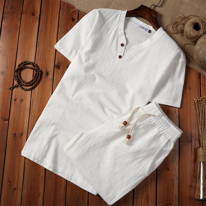 Ensemble de 2 pièces de méditation pour homme, t-shirt à manches courtes et short à col cranté uni avec poches, en coton et lin - Blanc - US/UK/AU46，EU56 (5XL) - image 2