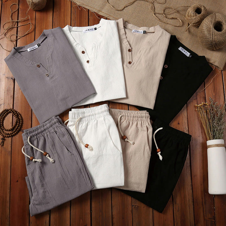 Ensemble de 2 pièces de méditation pour homme, t-shirt à manches courtes et short à col cranté uni avec poches, en coton et lin - image 19