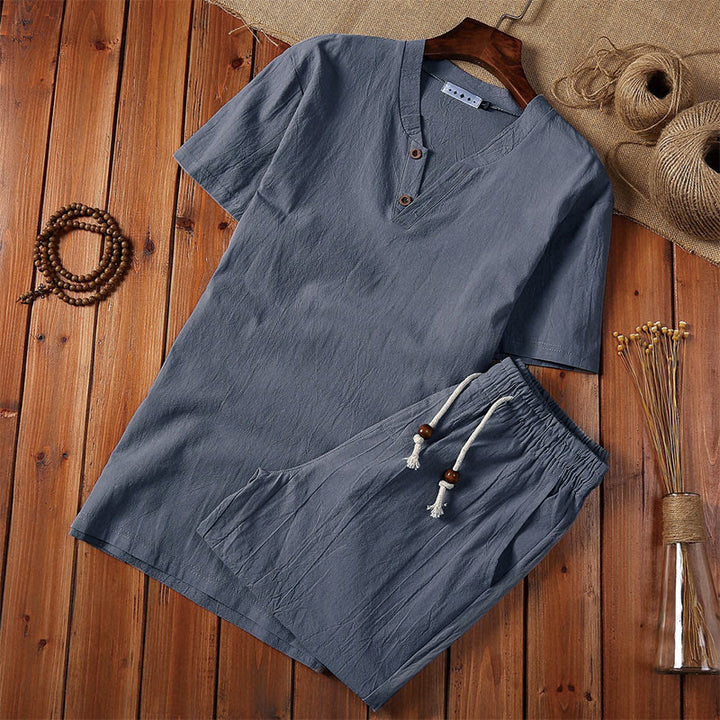 Ensemble de 2 pièces de méditation pour homme, t-shirt à manches courtes et short à col cranté uni avec poches, en coton et lin - Gris ardoise - US/UK/AU46，EU56 (5XL) - image 7