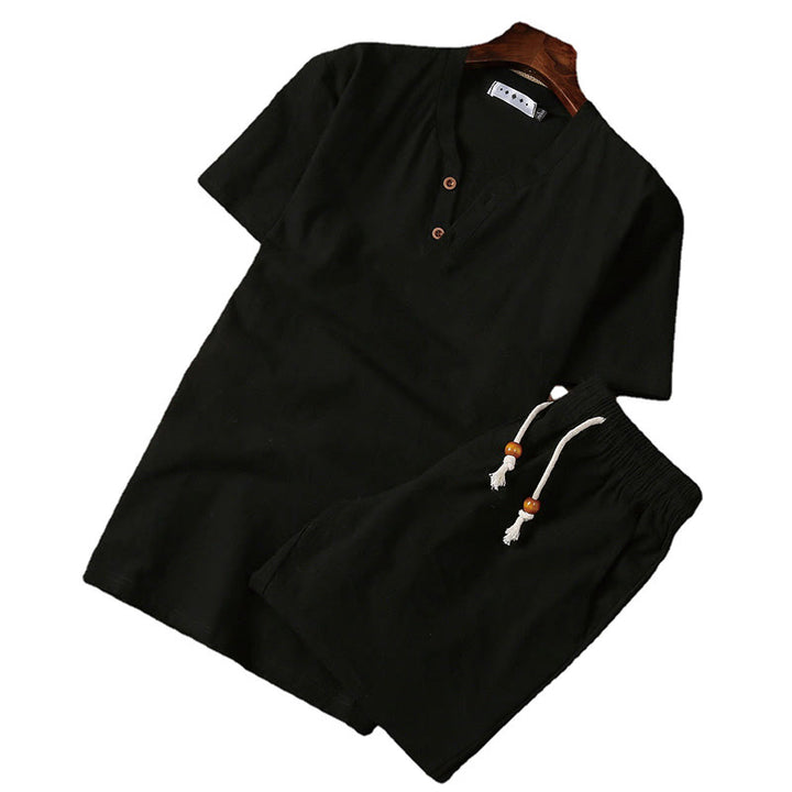 Ensemble de 2 pièces de méditation pour homme, t-shirt à manches courtes et short à col cranté uni avec poches, en coton et lin - image 6