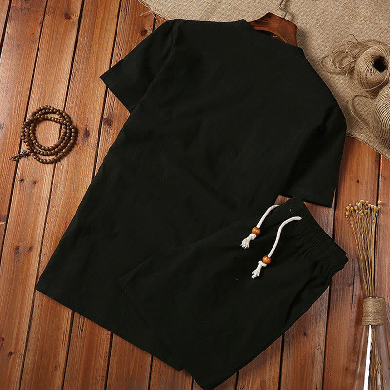 Ensemble de 2 pièces de méditation pour homme, t-shirt à manches courtes et short à col cranté uni avec poches, en coton et lin - image 4