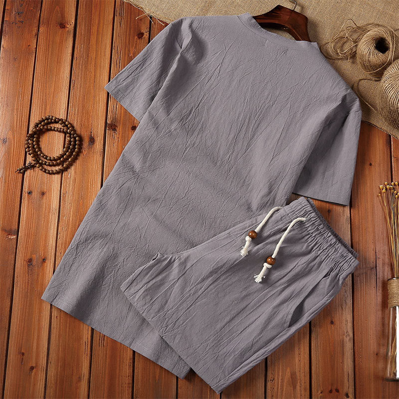 Ensemble de 2 pièces de méditation pour homme, t-shirt à manches courtes et short à col cranté uni avec poches, en coton et lin - image 7