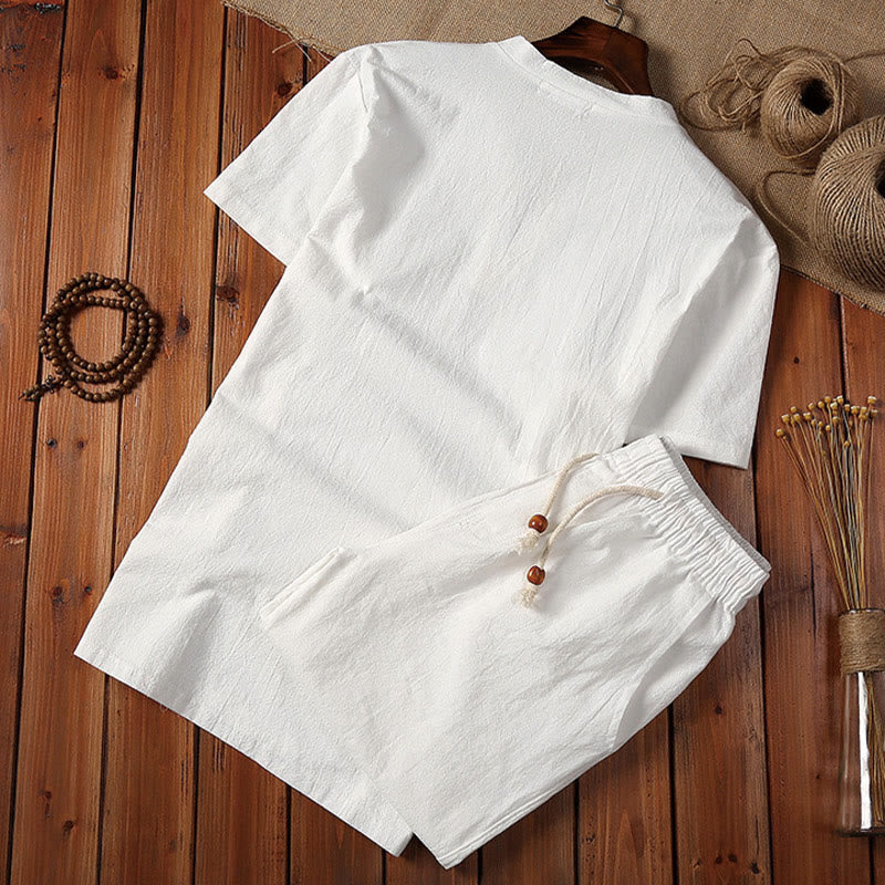 Ensemble de 2 pièces de méditation pour homme, t-shirt à manches courtes et short à col cranté uni avec poches, en coton et lin - image 2