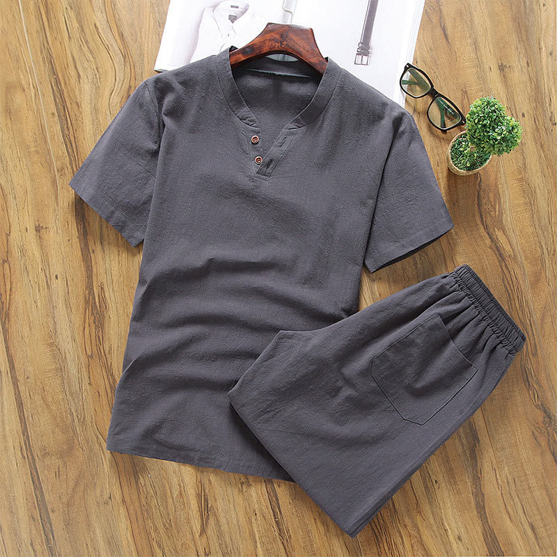 Ensemble de 2 pièces décontracté en coton et lin avec t-shirt et short à col en V et poches Motif Buddha Stones pour homme - DimGray - US/UK/AU46，EU56 (5XL) - image 6