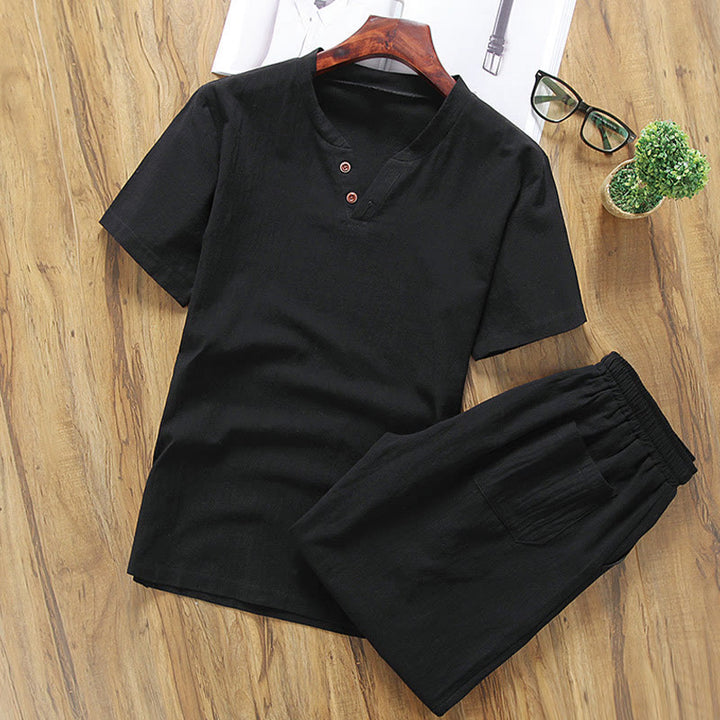Ensemble de 2 pièces décontracté en coton et lin avec t-shirt et short à col en V et poches Motif Buddha Stones pour homme - Noir - US/UK/AU46，EU56 (5XL) - image 8