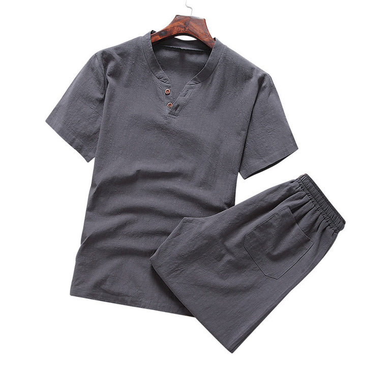Ensemble de 2 pièces décontracté en coton et lin avec t-shirt et short à col en V et poches Motif Buddha Stones pour homme - image 7