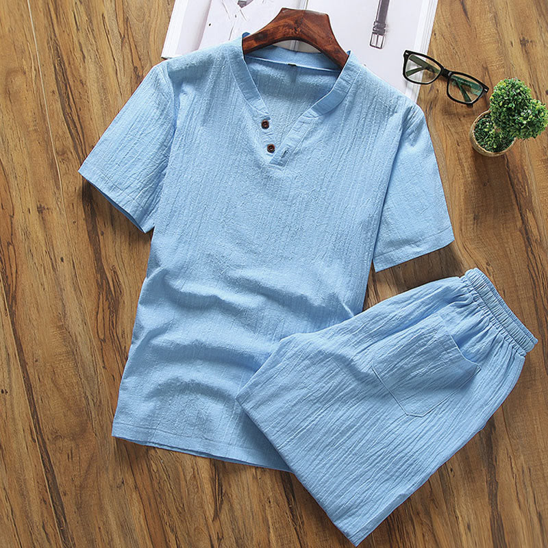 Ensemble de 2 pièces décontracté en coton et lin avec t-shirt et short à col en V et poches Motif Buddha Stones pour homme - Bleu ciel profond - US/UK/AU46，EU56 (5XL) - image 10