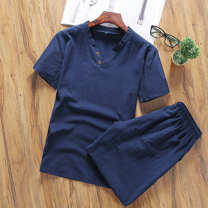 Ensemble de 2 pièces décontracté en coton et lin avec t-shirt et short à col en V et poches Motif Buddha Stones pour homme - Bleu nuit - US/UK/AU46，EU56 (5XL) - image 9