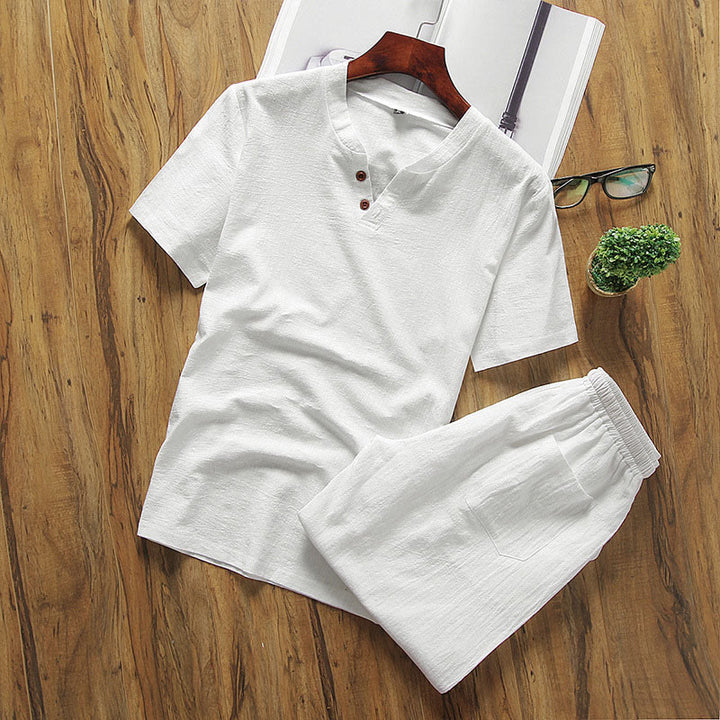 Ensemble de 2 pièces décontracté en coton et lin avec t-shirt et short à col en V et poches Motif Buddha Stones pour homme - Blanc - US/UK/AU46，EU56 (5XL) - image 2