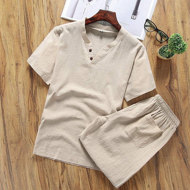 Ensemble 2 pièces décontracté avec t-shirt à manches courtes et short avec poches, motif Buddha Stones, en coton et lin, pour homme, tenue de méditation - Verge d'or pâle - US/UK/AU46，EU56 (5XL) - image 1