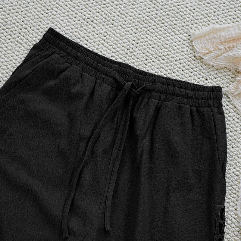 Pantalon d'été uni en coton et lin avec poches pour femme, motif Buddha Stones