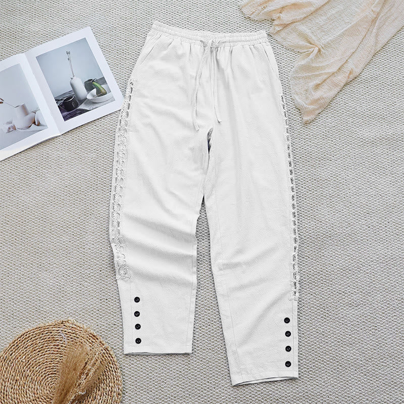 Pantalon d'été uni en coton et lin avec poches pour femme, motif Buddha Stones