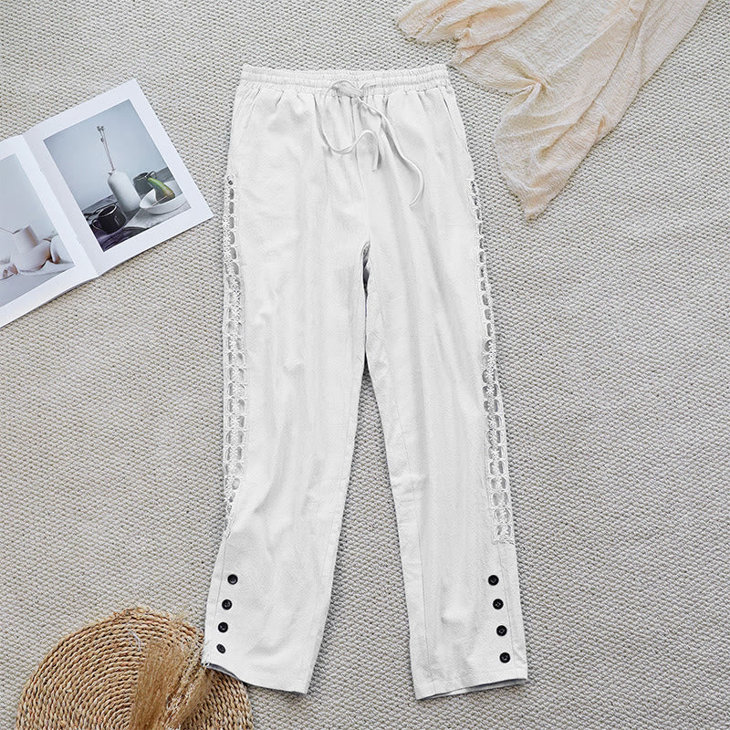 Pantalon d'été uni en coton et lin avec poches pour femme, motif Buddha Stones - FloralWhite - US12，UK/AU16，EU44 (2XL) - image 0