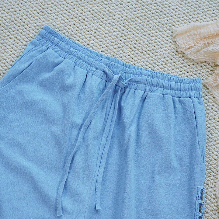 Pantalon d'été uni en coton et lin avec poches pour femme, motif Buddha Stones