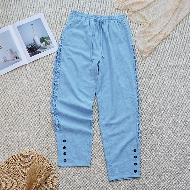 Pantalon d'été uni en coton et lin avec poches pour femme, motif Buddha Stones