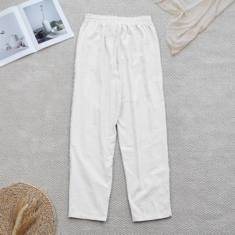 Pantalon d'été uni en coton et lin avec poches pour femme, motif Buddha Stones