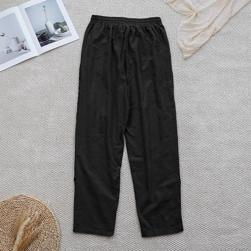 Pantalon d'été uni en coton et lin avec poches pour femme, motif Buddha Stones