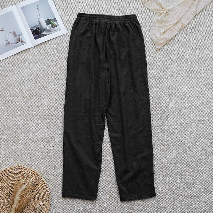 Pantalon d'été uni en coton et lin avec poches pour femme, motif Buddha Stones