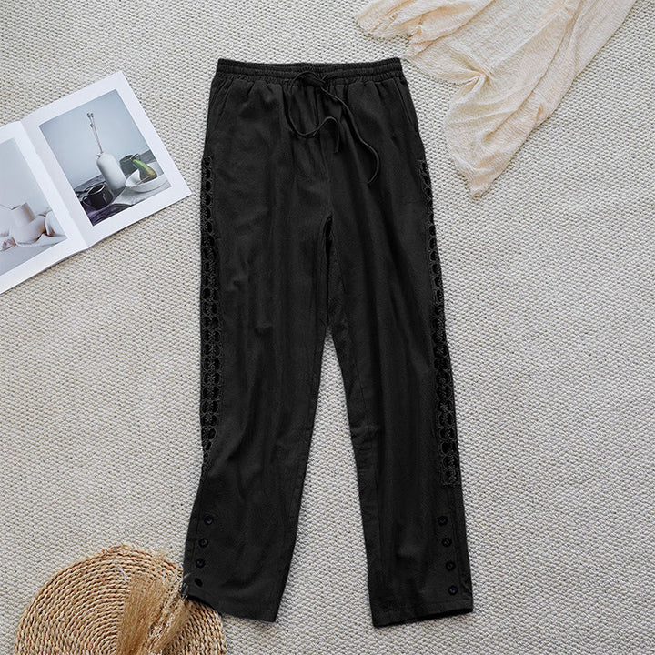 Pantalon d'été uni en coton et lin avec poches pour femme, motif Buddha Stones