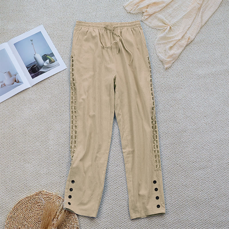 Pantalon d'été uni en coton et lin avec poches pour femme, motif Buddha Stones