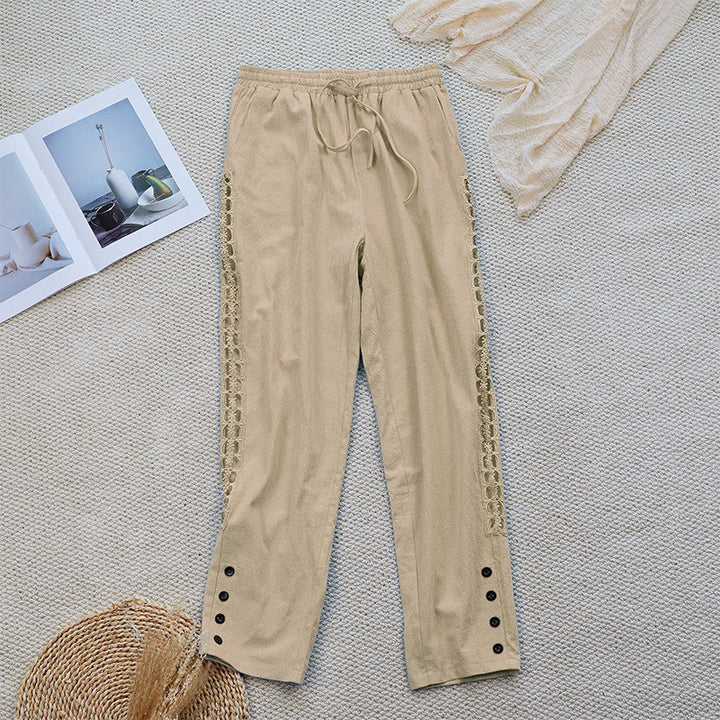 Pantalon d'été uni en coton et lin avec poches pour femme, motif Buddha Stones